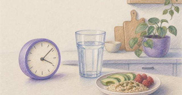 A clock beside a glass of water and a plate on a kitchen counter