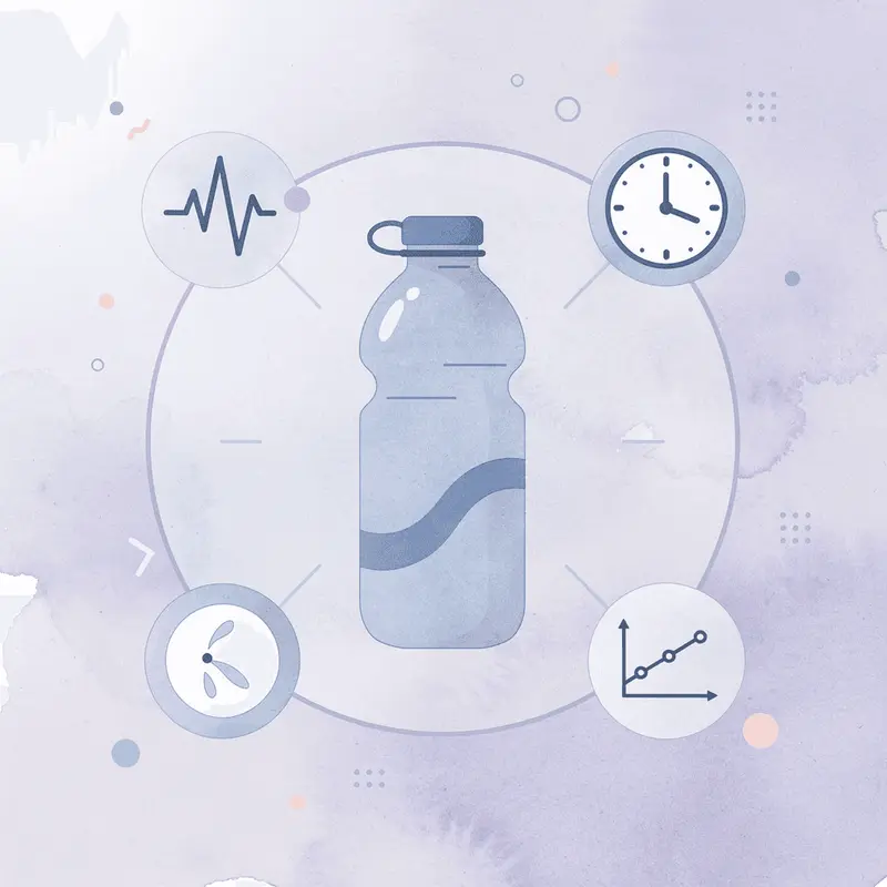 Icon hub showing GLP-1 tracking connected to hydration, side effects, dose timing, and weight trends