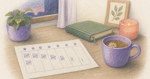 A weekly tally trending downward beside a mug of tea on a desk