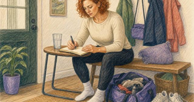 Woman writing in a notebook on a bench in an entryway with her gym bag at her feet