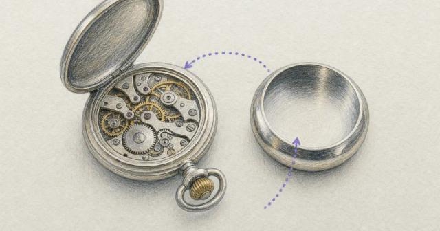 Open pocket watch showing gears inside with its blank empty case lying beside it