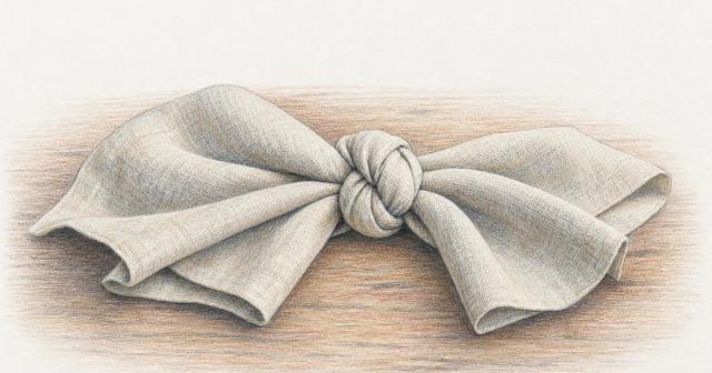 A linen napkin twisted into a tight knot on a bare wooden table