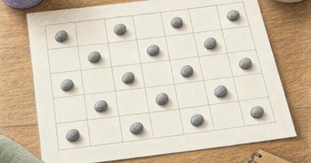 Blank paper grid with identical pebbles marking every fourth square in a steady rhythm