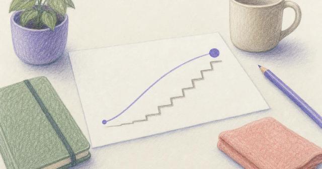 A rising arc with a near point and a distant point beside a small step ladder