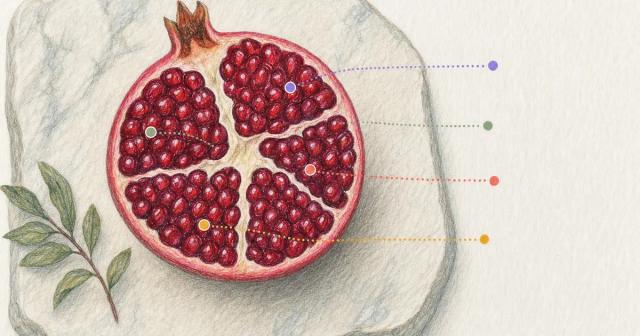 Overhead view of a halved pomegranate showing separate seed chambers with soft dotted markers
