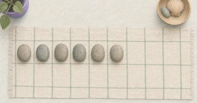 Smooth stones placed one per square in an even row across a grid-lined cloth.