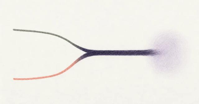 Hand-drawn diagram of two thin lines merging into one thicker line
