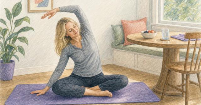 Woman stretching gently on a mat beside a sunlit breakfast-nook table with a light breakfast