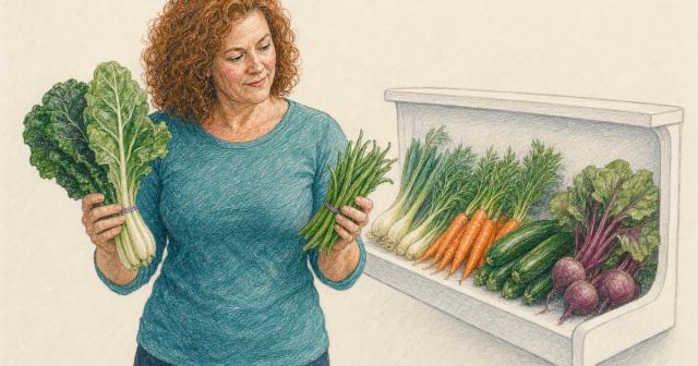 Person at a produce stall comparing leafy greens and green beans above a spare white shelf