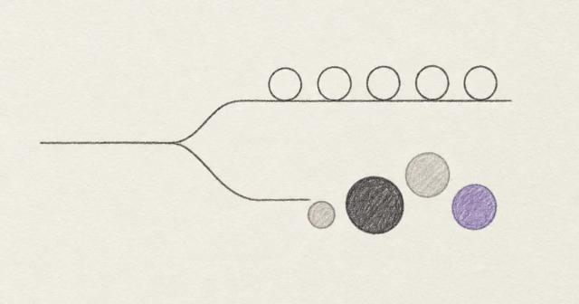Hand-drawn diagram forking into a neat row of identical circles and an uneven cluster