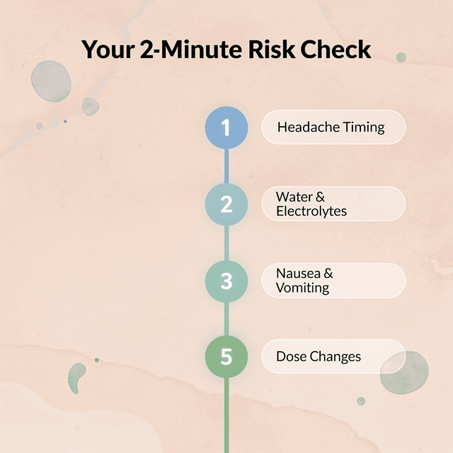Numbered steps showing the five questions in the GLP-1 Headache Risk Check