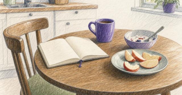 Kitchen table with a half-eaten yogurt bowl, notebook, mug, and a plate of apple slices with one taken