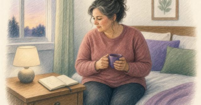 Woman sitting on a bed by an evening window holding a mug, looking at a notebook on the nightstand