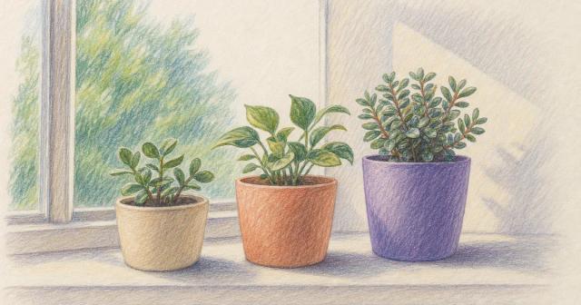 Three small potted plants rising only slightly in height on a windowsill