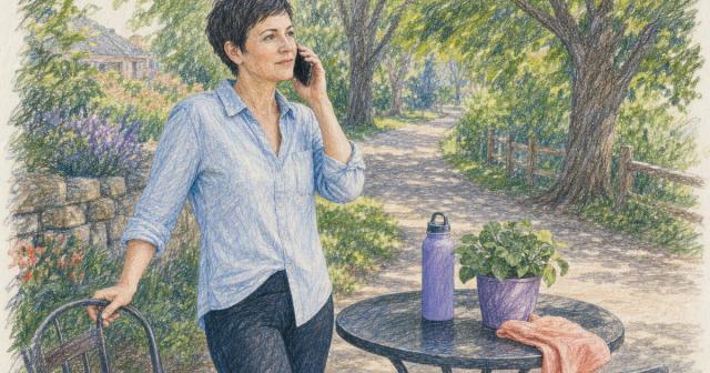 Woman pausing at a sunlit outdoor cafe table beside a park path, phone to her ear