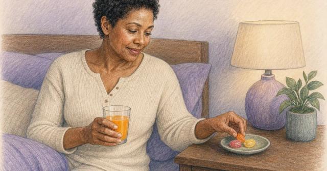 Quick-sugar snacks on a wooden nightstand beside a softly lit lamp at night