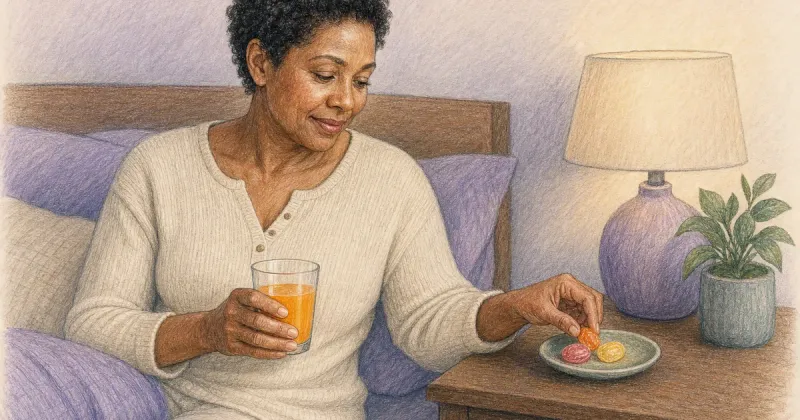 Quick-sugar snacks on a wooden nightstand beside a softly lit lamp at night