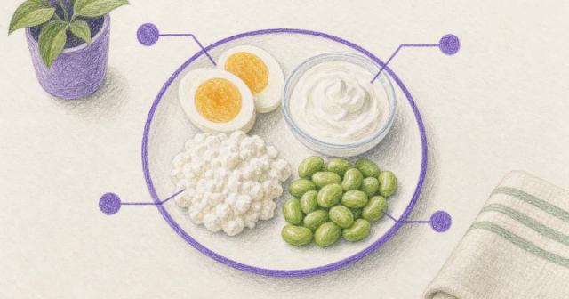 A small spread of high-protein foods like eggs, yogurt and edamame
