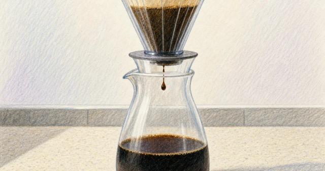 A glass carafe filling one slow drop at a time beneath a paper filter cone