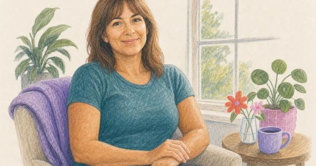 Calm woman resting near a bright window with a reassured expression