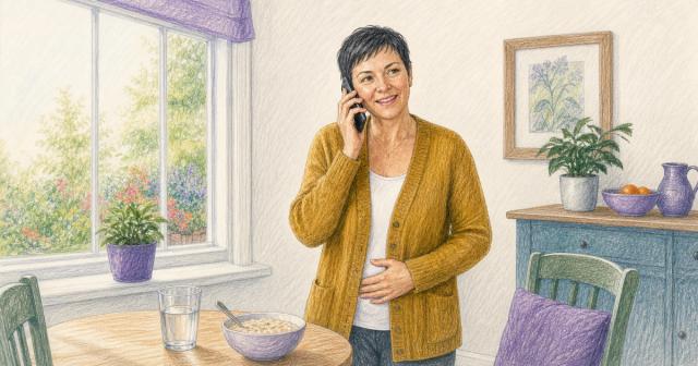 Woman standing on the phone at a sunny breakfast table, hand resting on her stomach