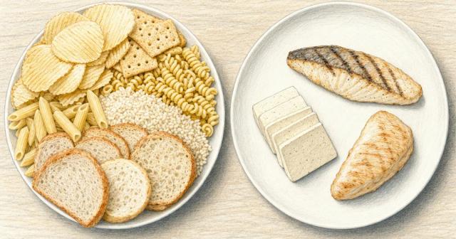 Overhead view of two plates, one heaped with beige starch, one holding fish, tofu and chicken