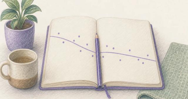 Notebook page with scattered dots and a smooth downward trend line