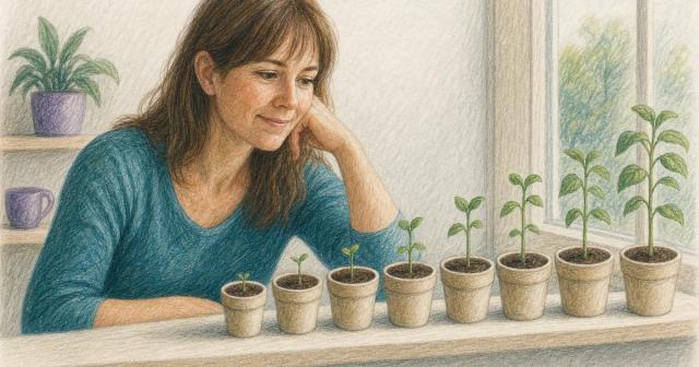 Row of potted seedlings growing progressively taller from left to right on a windowsill