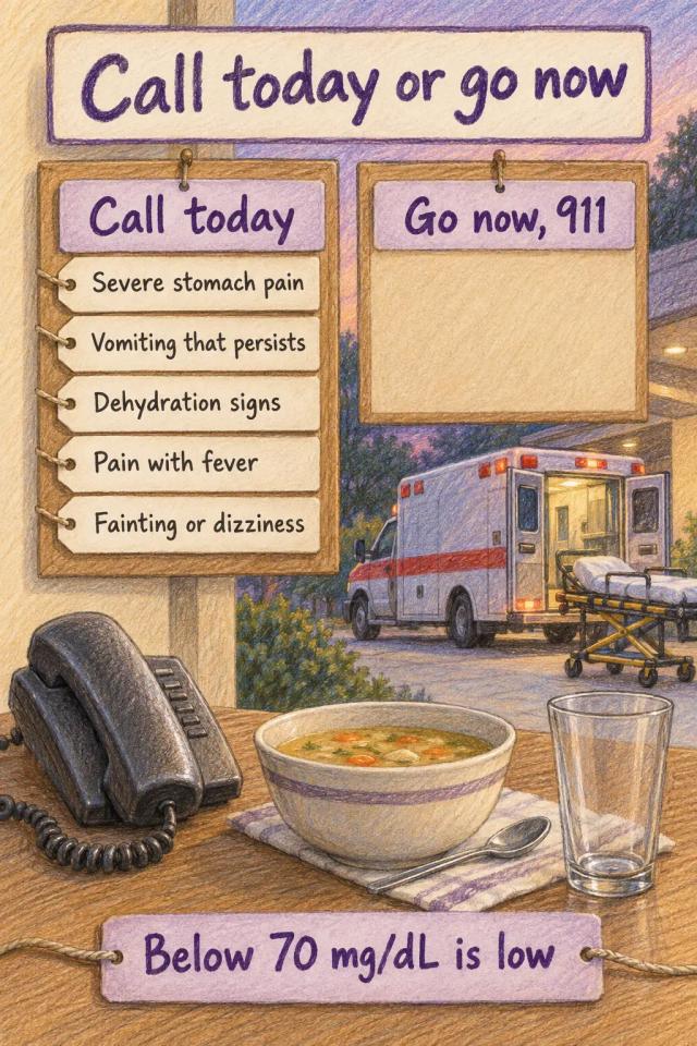 Shot-day signs sorted into two columns: call your provider today, or go to an emergency room now.