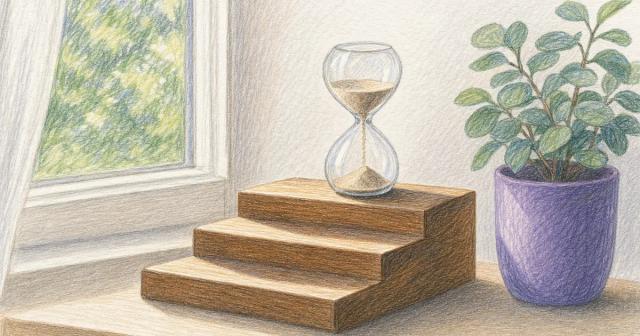 A small hourglass resting on a stepped wooden riser on a sunlit windowsill