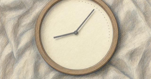 Overhead close-up of a numberless round clock face on linen with faint dotted marks along one part of the rim