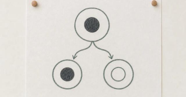 Diagram of one shape splitting into two: one keeps a dark core, one is hollow
