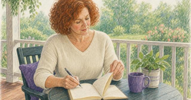 Person at a porch table writing in a notebook while turning back to earlier pages