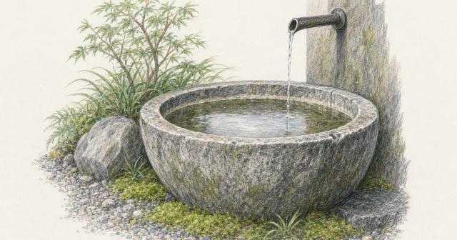 Stone garden basin fed by a thin trickle, water level even with a worn ring inside