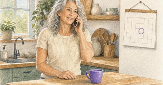 Woman on the phone in a sunlit kitchen beside a calendar with one day circled
