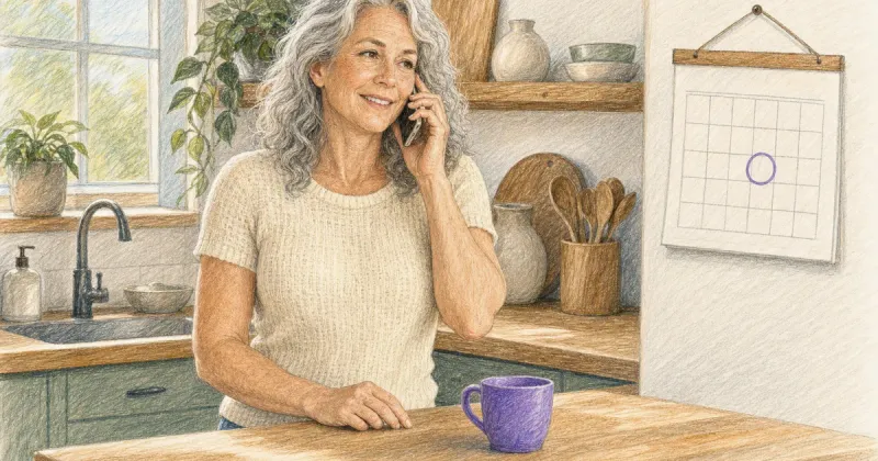 Woman on the phone in a sunlit kitchen beside a calendar with one day circled