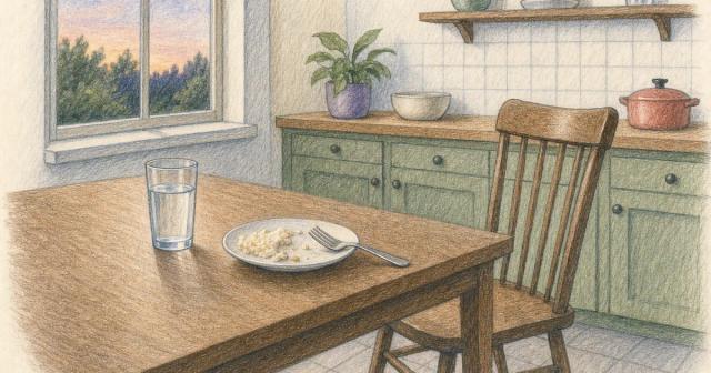 Empty kitchen table with a small half-eaten plate, resting fork, and glass of water