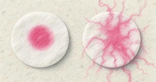 Two cotton pads, one with a contained pink bloom, one with dye spreading past its edge