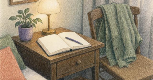 A bedside table at night with an open blank notebook, a pen, and a small lamp