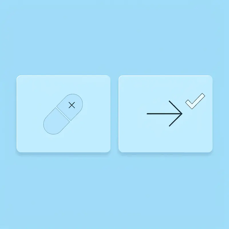 Before and after comparison showing injection needle on left with X, and pill on right with checkmark