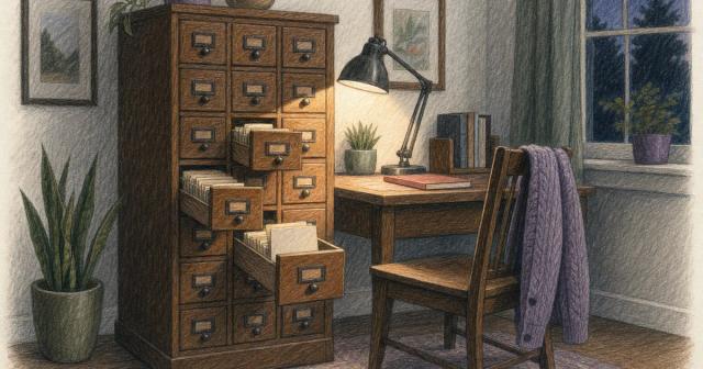 Three drawers pulled open in a wooden card-catalog cabinet lit by a desk lamp