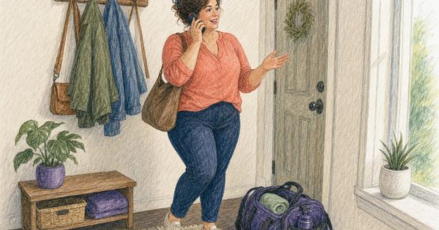 Person standing in an entryway beside a packed gym bag, talking warmly on the phone
