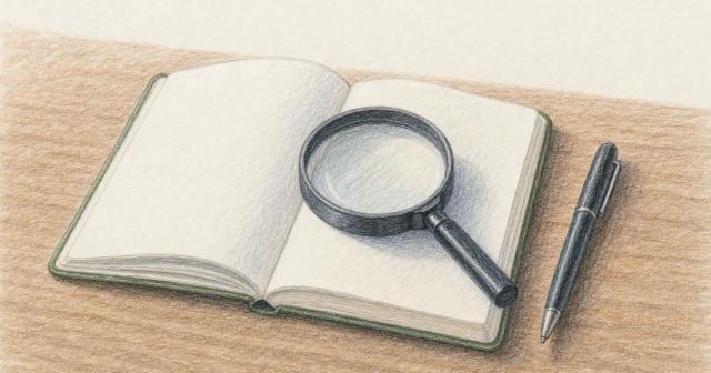 A magnifying glass resting on an open journal beside a pen