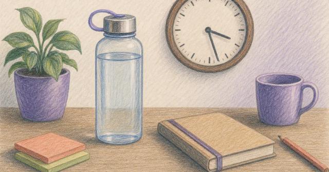An almost-full water bottle beside an afternoon clock on a desk