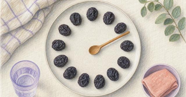 Twelve prunes evenly spaced in a ring around a wooden spoon on a pale plate