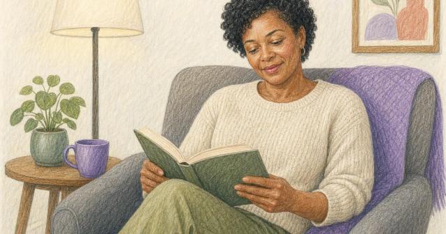 Woman reading in an armchair under soft lamplight in the evening