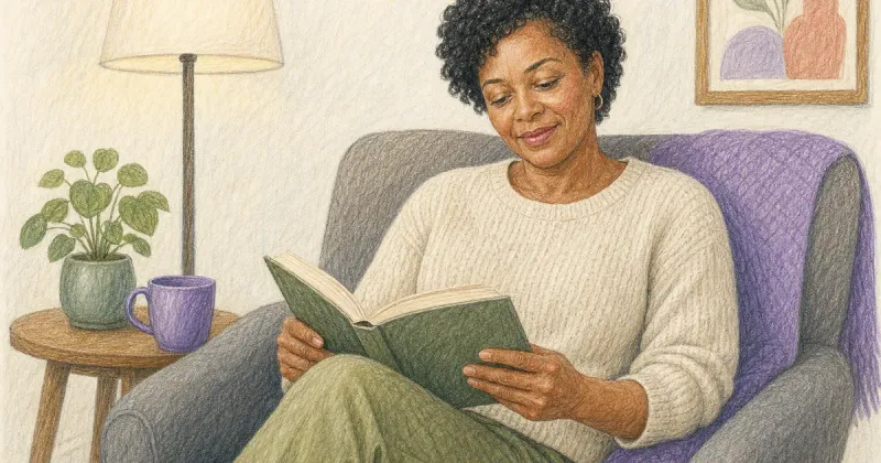 Woman reading in an armchair under soft lamplight in the evening