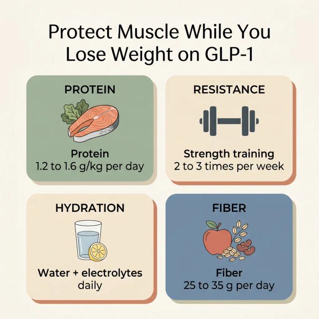 Infographic with four panels showing how to protect muscle while losing weight on GLP-1: protein 1.2-1.6 g/kg/day, strength training 2-3 times per week, water plus electrolytes, fiber 25-35 g/day