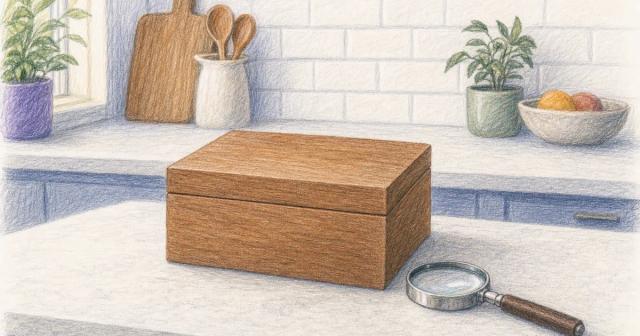 Closed wooden box on a counter with a magnifying glass lying beside it