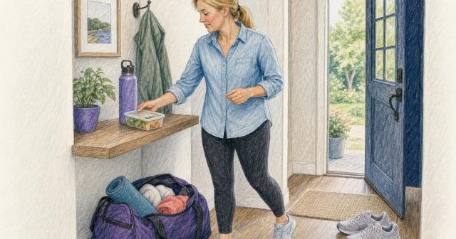Woman filling a water bottle at an entryway counter with a packed gym bag at her feet